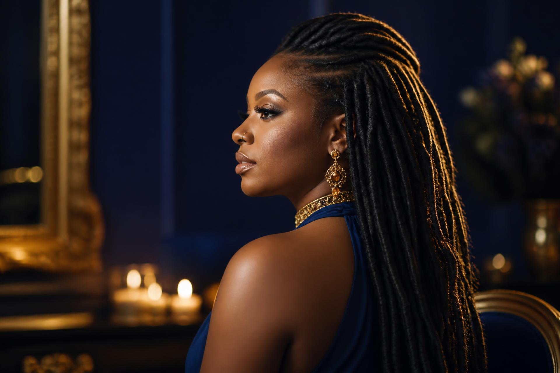 Elegant client with beautiful long locs in a luxury salon setting